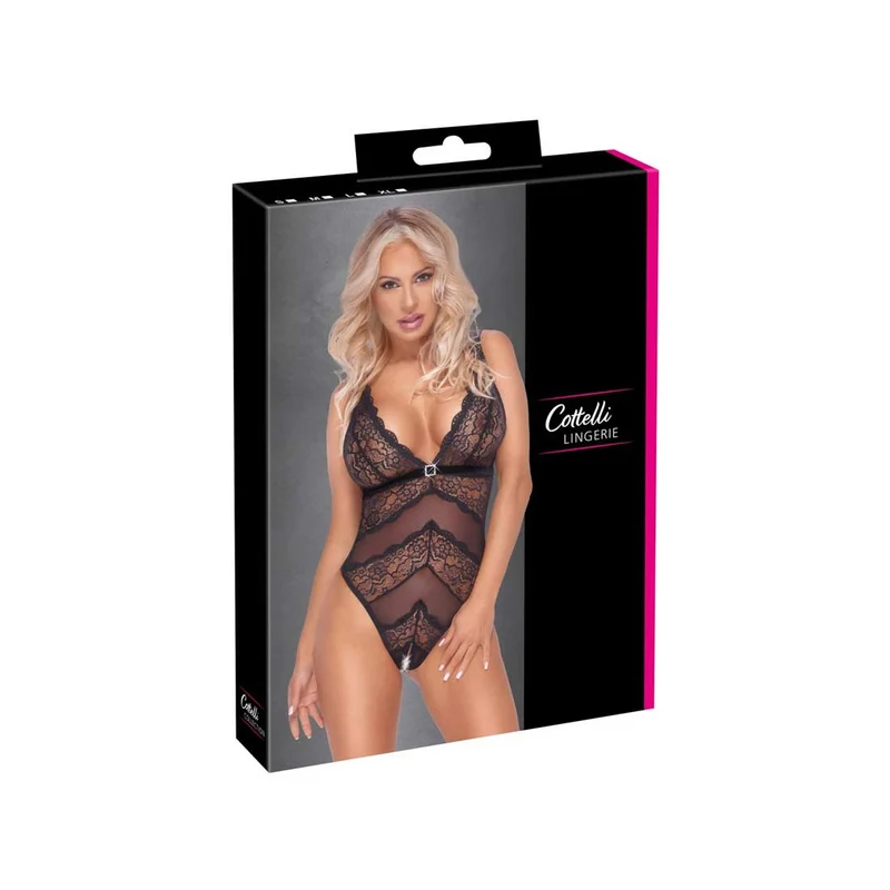 Body ouvert S-XL Spitze mit Strass und tiefem Ausschnitt "Reni"