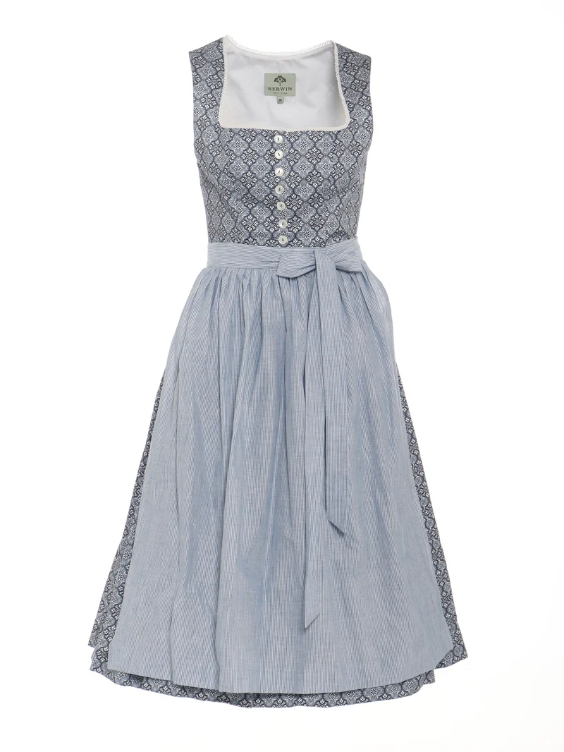 Dirndl mit ornamentalem Muster und Streifenschürze