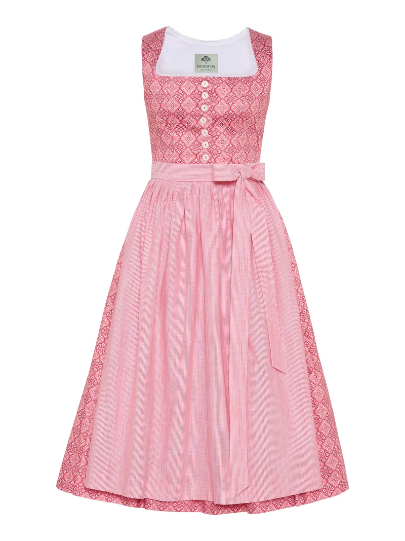 Dirndl mit ornamentalem Muster und Streifenschürze