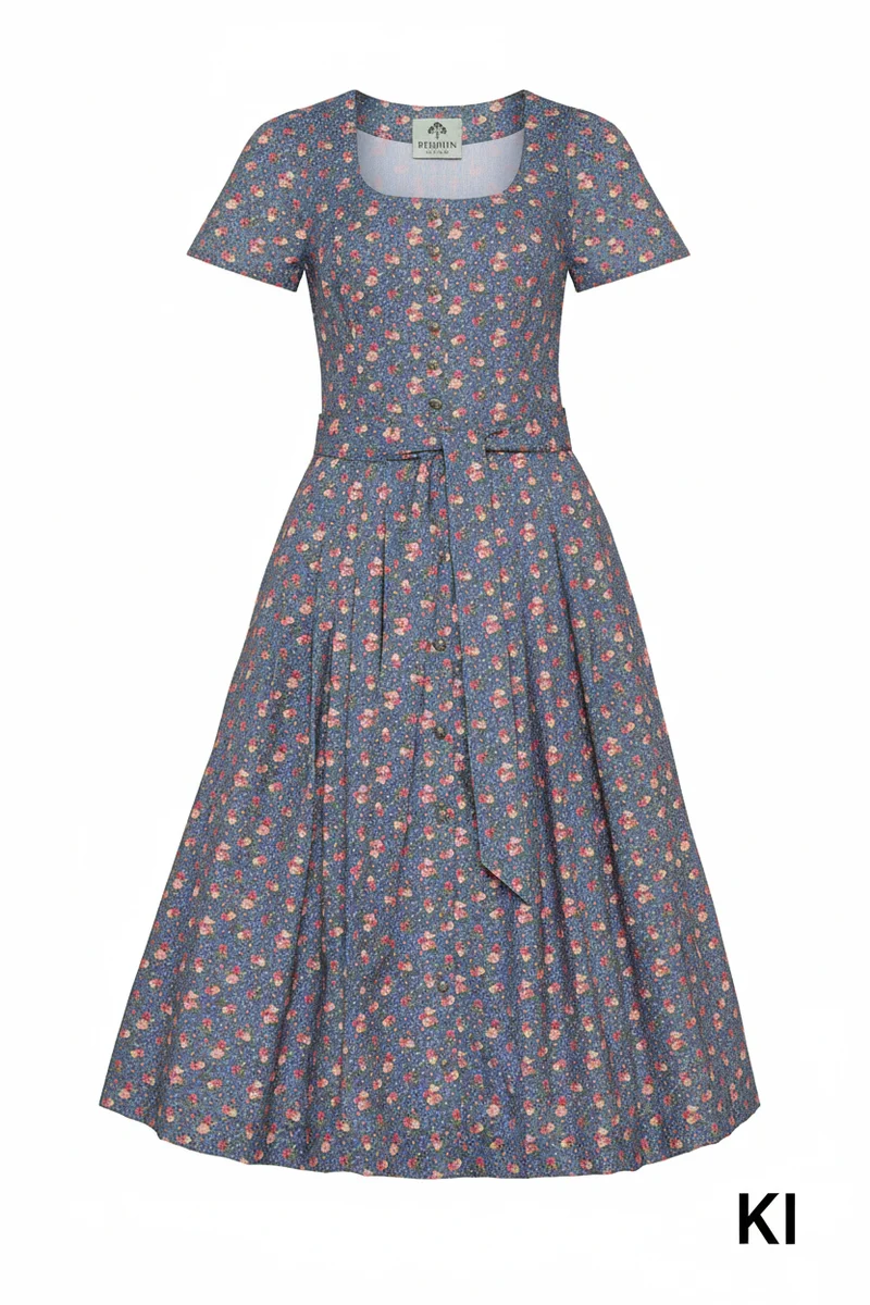 Sommerkleid aus Rosendruck mit Faltenrock & Gürtel