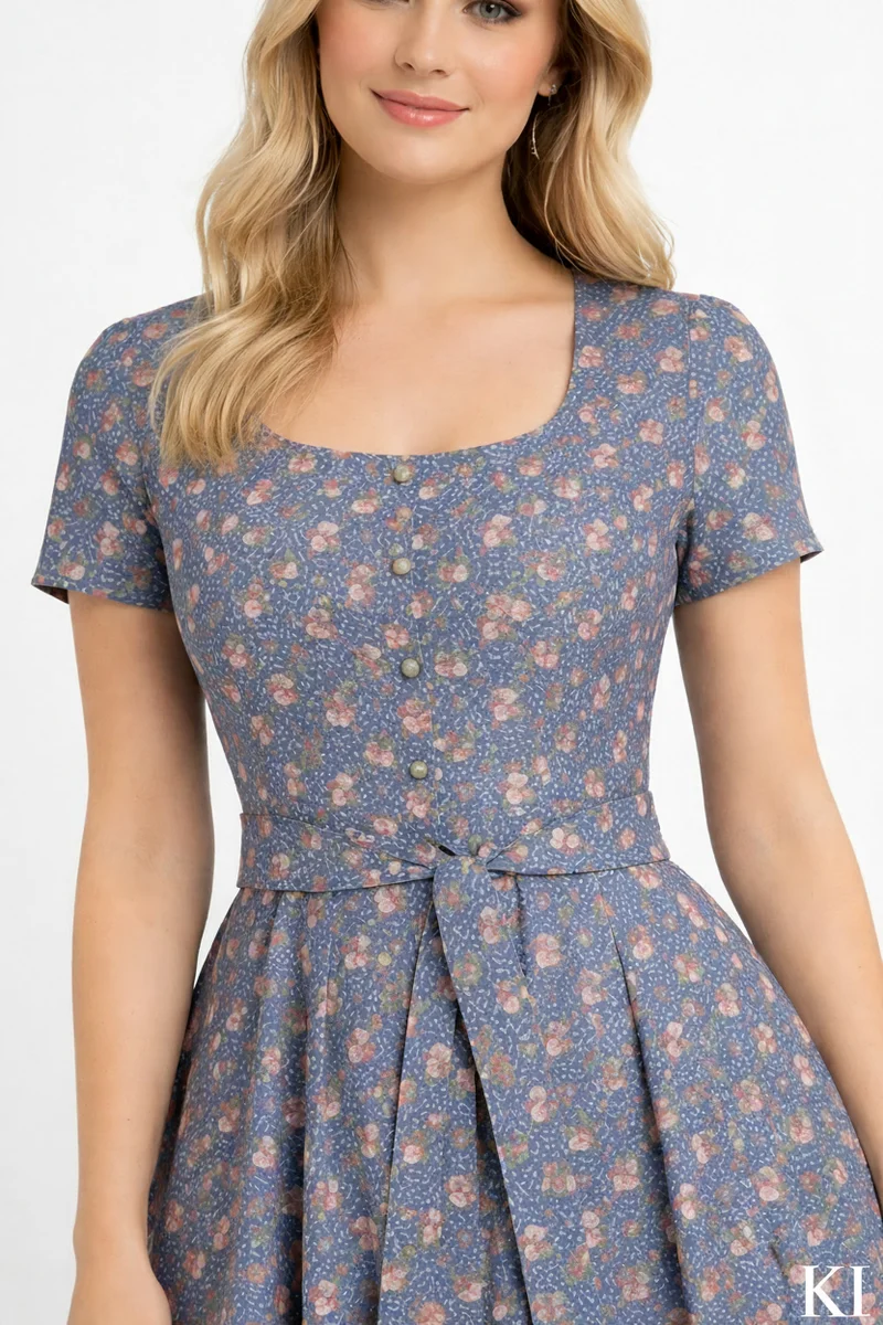 Sommerkleid aus Rosendruck mit Faltenrock & Gürtel