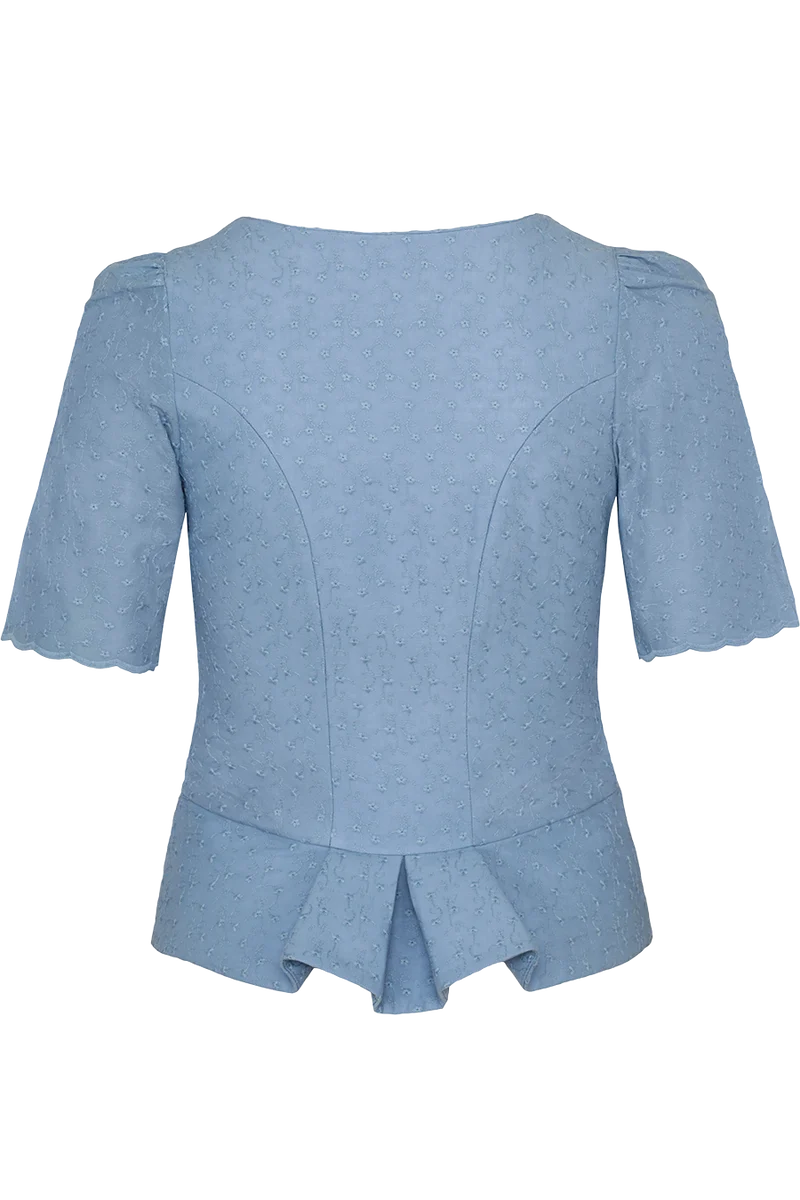 Damen Trachtenmiederbluse mit Arm und Blütenstickerei - hellblau