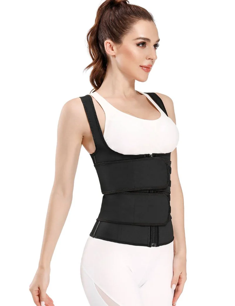 Schwarze Latex-Taillenformer-Weste – Reißverschluss, Doppelgürtel & 9 Stahlstäbe