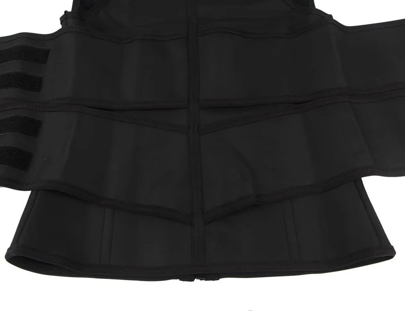 Schwarze Latex-Taillenformer-Weste – Reißverschluss, Doppelgürtel & 9 Stahlstäbe