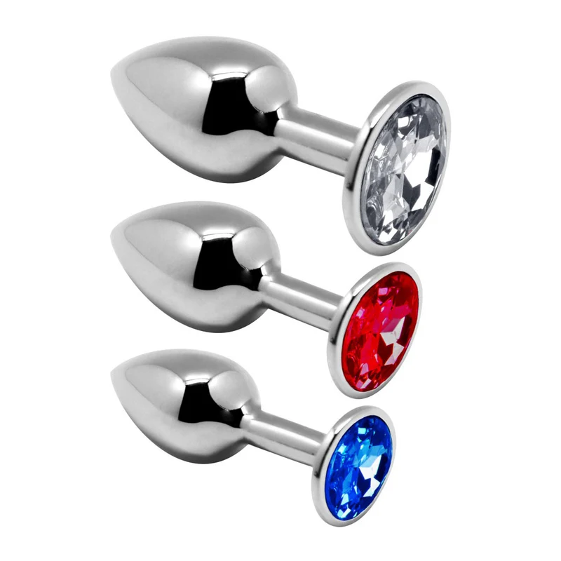 3er Set Metall-Analplugs in 3 Größen mit Schmuckstein