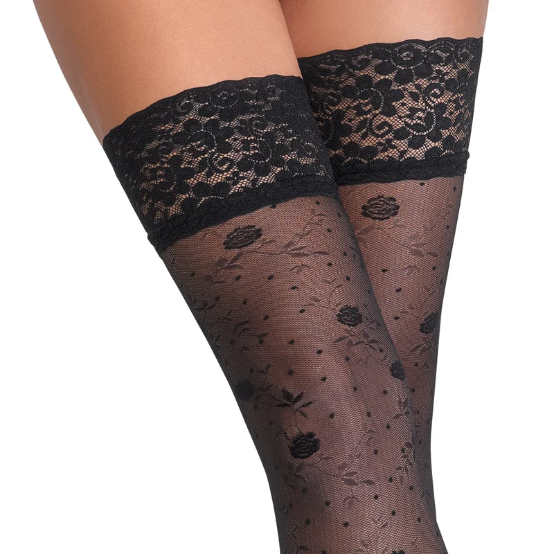 Halterlose Strümpfe S-XL Rosen-Muster + 9cm breite Spitze "Stine"