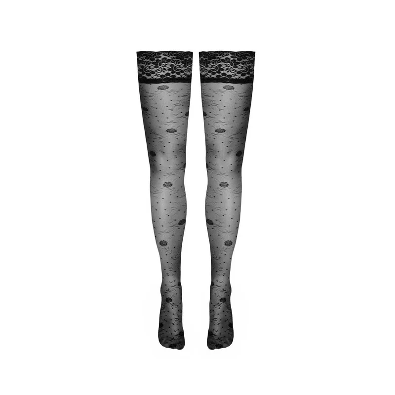 Halterlose Strümpfe S-XL Rosen-Muster + 9cm breite Spitze "Stine"