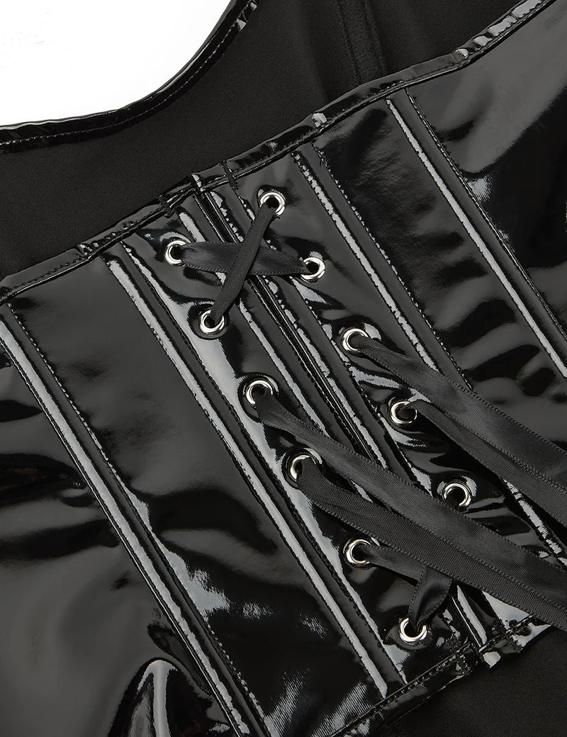 Schwarzer Lackleder-Body – Asymmetrisch, gekreuzter Rücken und 9 Stäbe