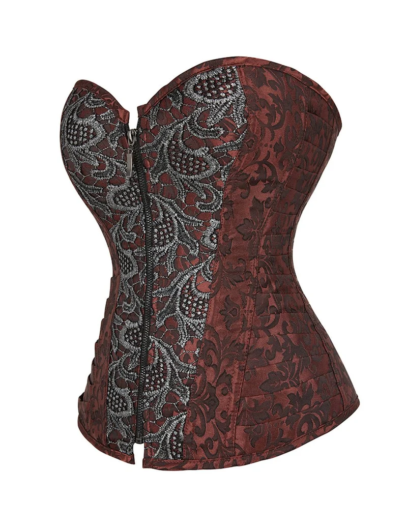 Braunes Jacquard-Korsett – Stickerei, Seitenfalten & 12 Stahlstäbe