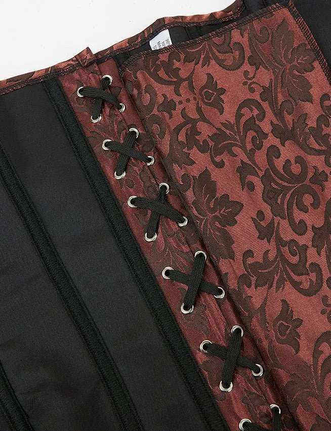 Braunes Jacquard-Korsett – Stickerei, Seitenfalten & 12 Stahlstäbe