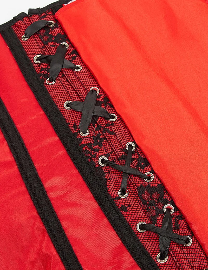 Roter schulterfreier Body aus Satin und Spitze – Rüschen, Schleifen und 12 Stäbchen