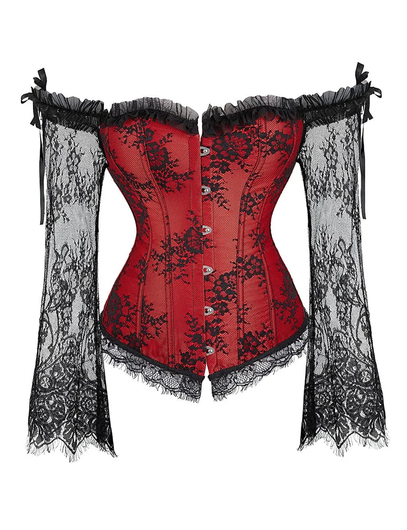Roter schulterfreier Body aus Satin und Spitze – Rüschen, Schleifen und 12 Stäbchen