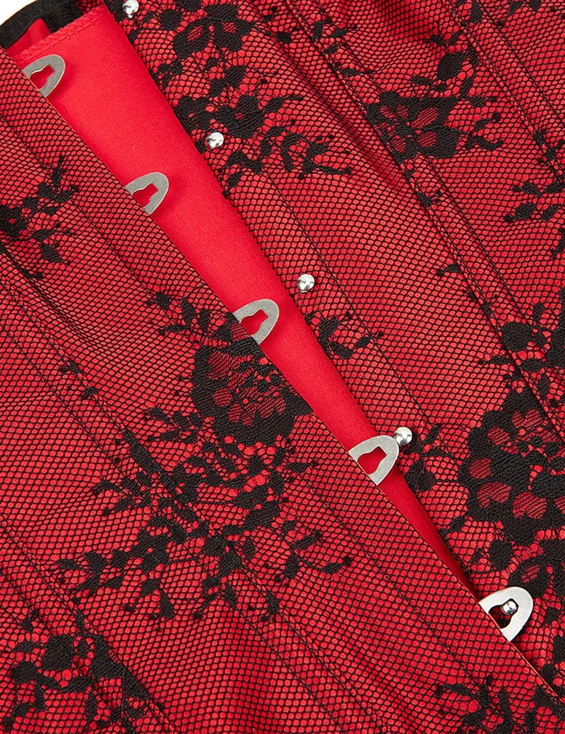 Roter schulterfreier Body aus Satin und Spitze – Rüschen, Schleifen und 12 Stäbchen