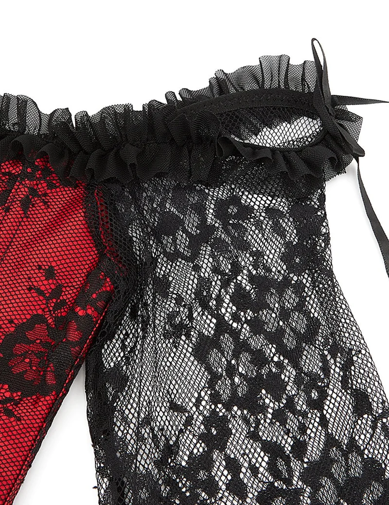 Roter schulterfreier Body aus Satin und Spitze – Rüschen, Schleifen und 12 Stäbchen