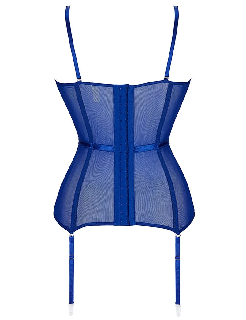 Korsett aus blauem Satin und Spitze – mit Stahlstäben, Strumpfhaltern und 8 Stäben