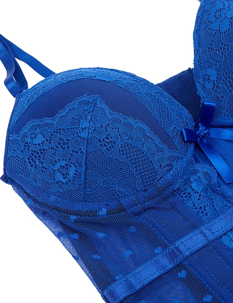 Korsett aus blauem Satin und Spitze – mit Stahlstäben, Strumpfhaltern und 8 Stäben