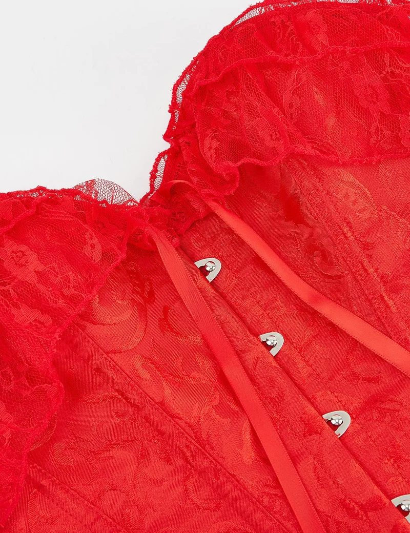 Rotes One-Shoulder-Spitzenkorsett – 12 weiche Stäbchen, Busk-Verschluss & Höschen