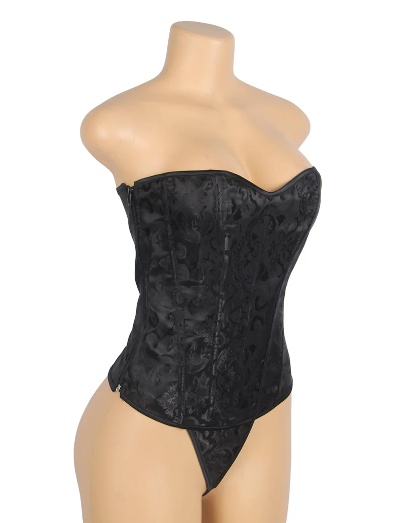 Schwarzes, trägerloses Jacquard-Korsett – 12 Stäbchen, seitlicher Reißverschluss und Schnürung am Rücken