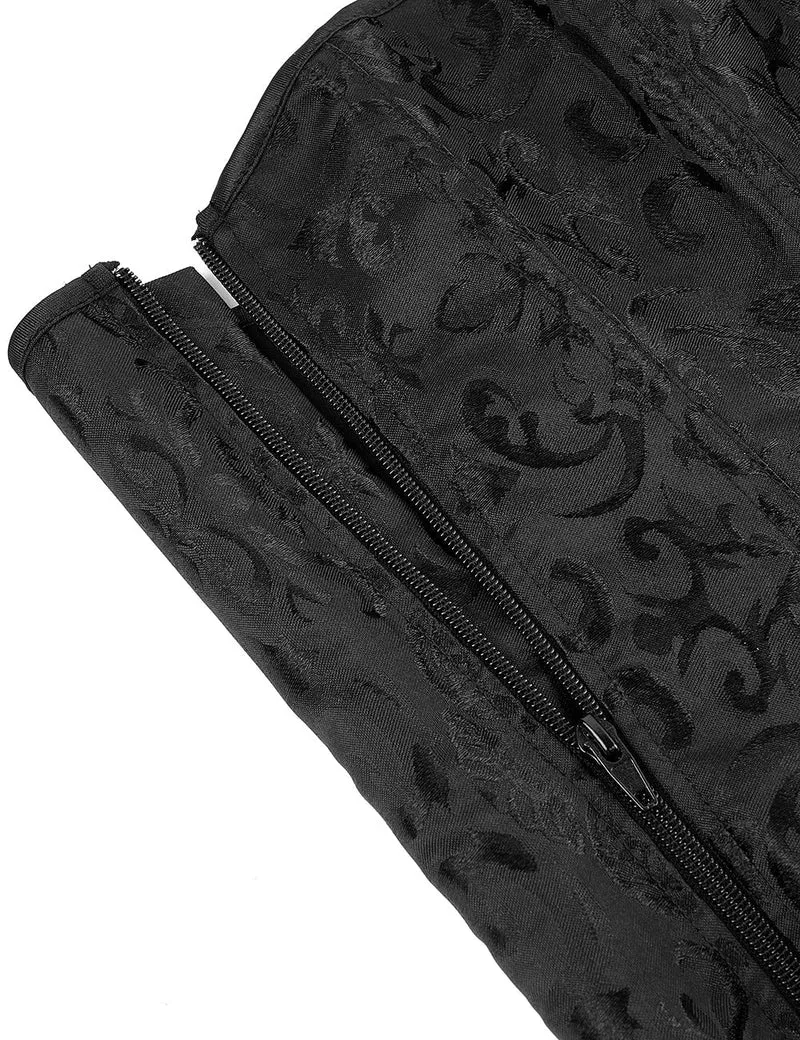 Schwarzes, trägerloses Jacquard-Korsett – 12 Stäbchen, seitlicher Reißverschluss und Schnürung am Rücken