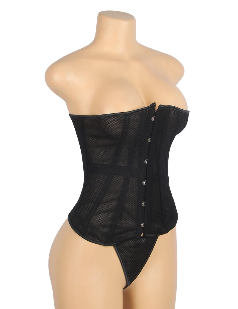Schwarzes, trägerloses Netz-Korsett – 12 weiche Stäbchen, Druckknopfverschluss vorne & G-String