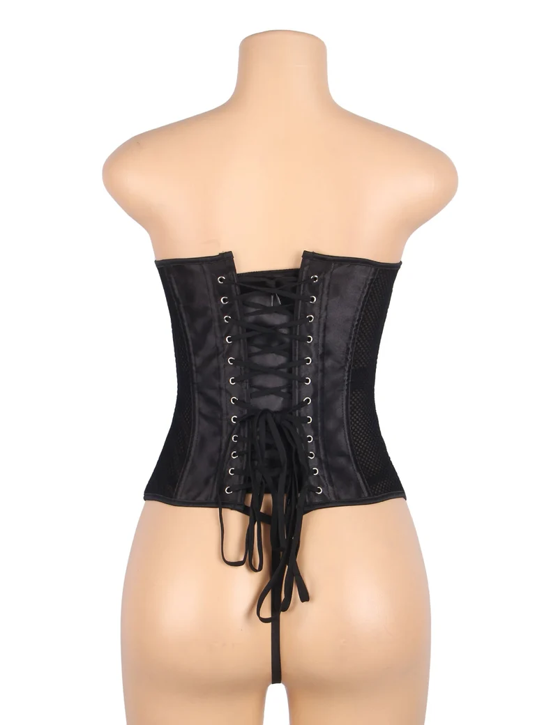 Schwarzes, trägerloses Netz-Korsett – 12 weiche Stäbchen, Druckknopfverschluss vorne & G-String