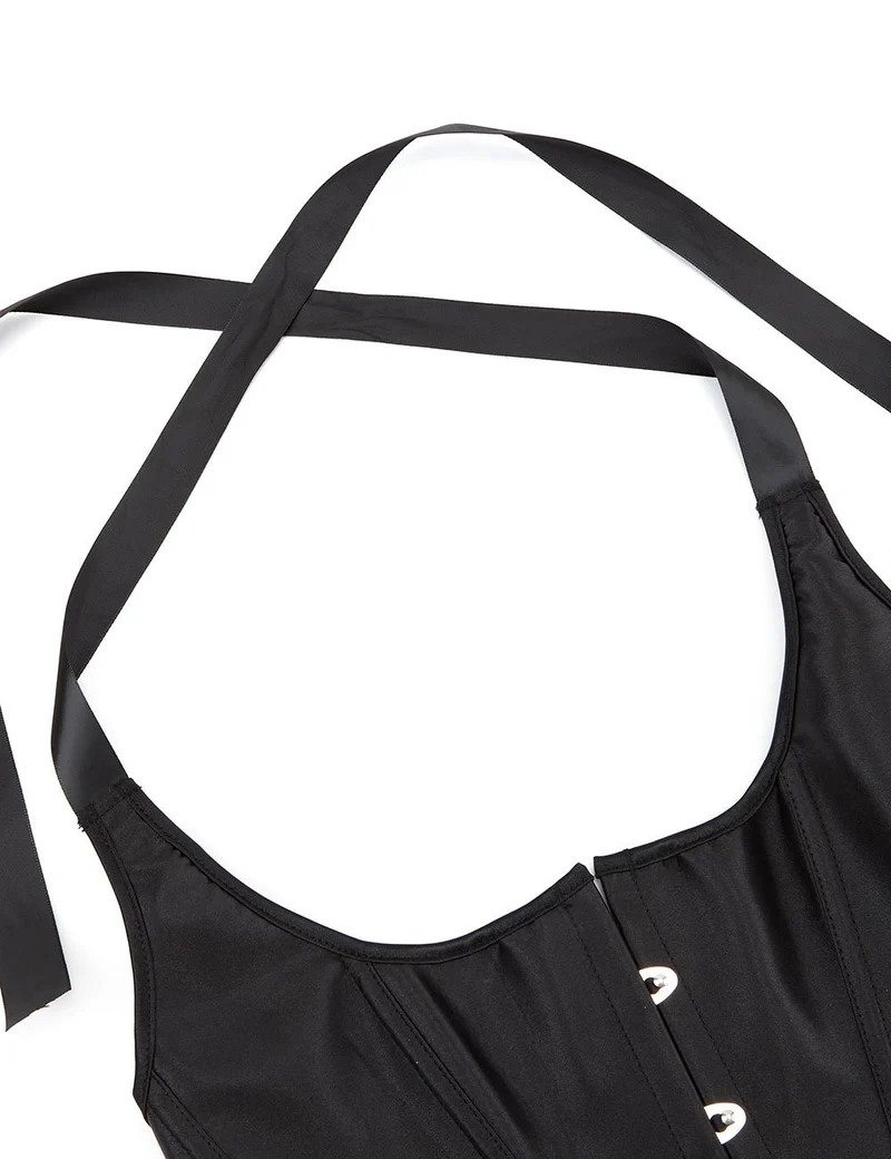 Schwarzes Satin-Halter-Tank-Korsett – 12 weiche Stäbchen & gekreuzte Rückenträger