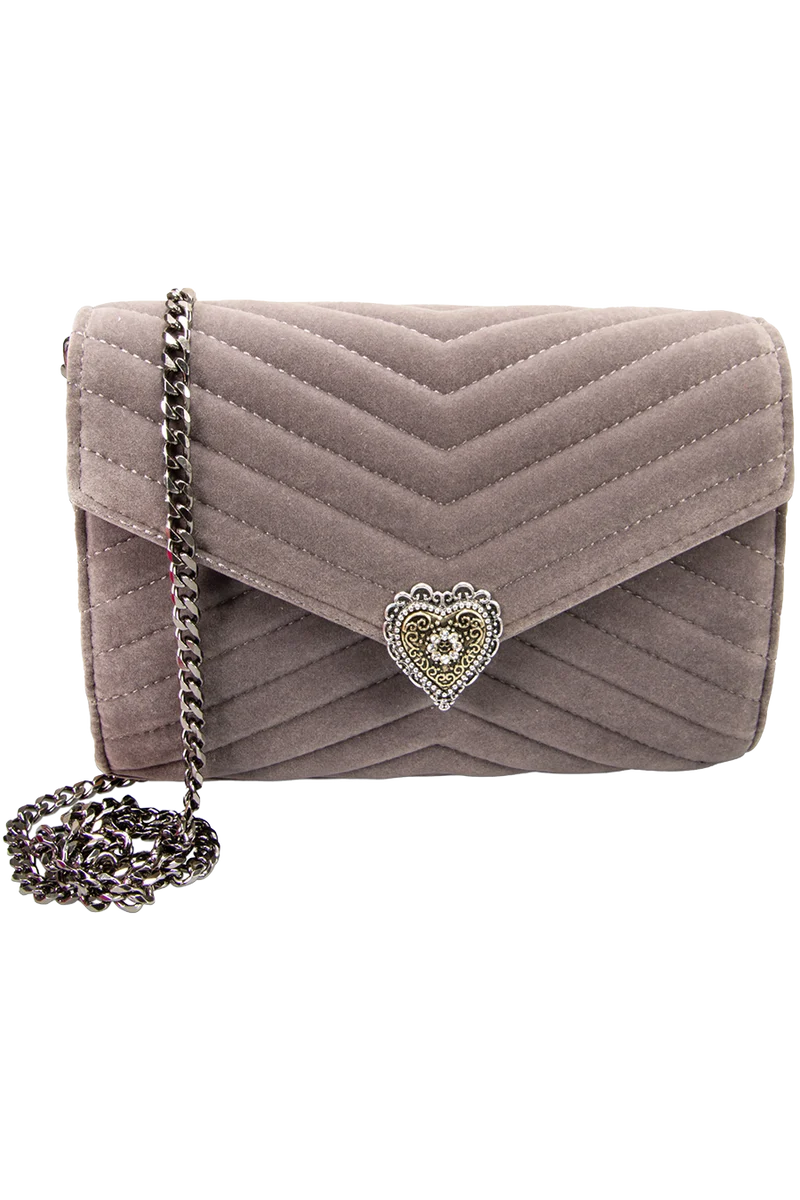 Damen Samtclutch mit Herz und Umhängekette - grau