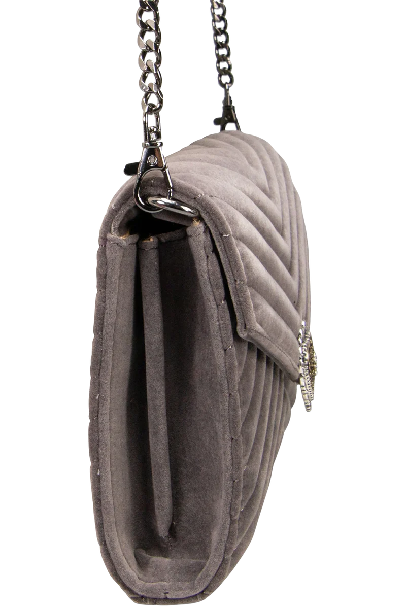 Damen Samtclutch mit Herz und Umhängekette - grau