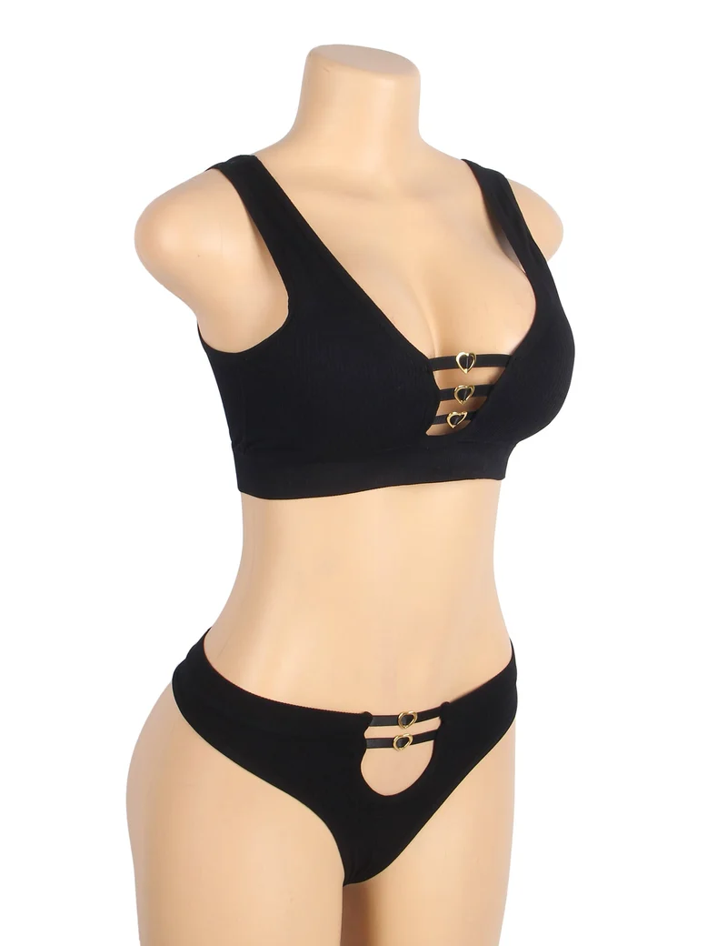 Schwarzes, nahtloses Strick-BH-Set mit Cut-Out und Herzverschluss