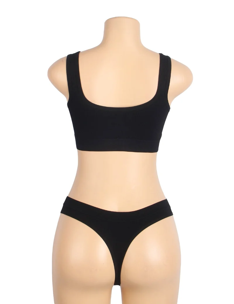 Schwarzes, nahtloses Strick-BH-Set mit Cut-Out und Herzverschluss
