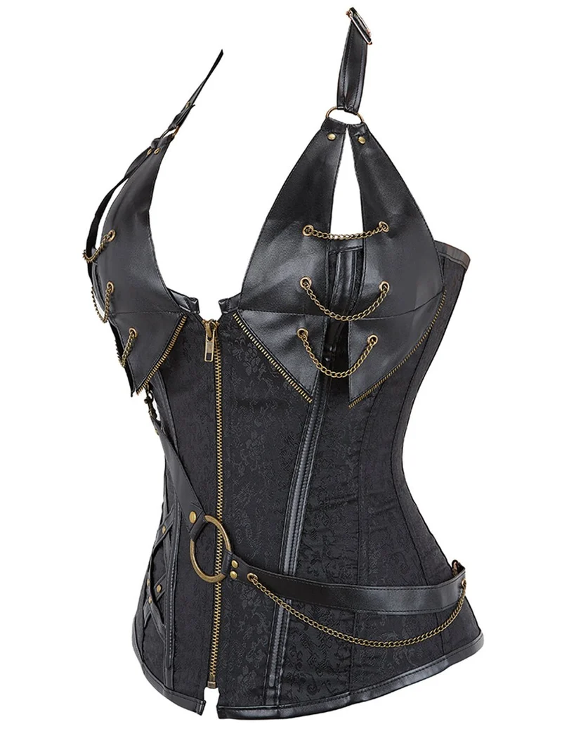 Schwarzer Neckholder-Body aus Kunstleder – Ketten, Nieten & 14 weiche Stäbchen