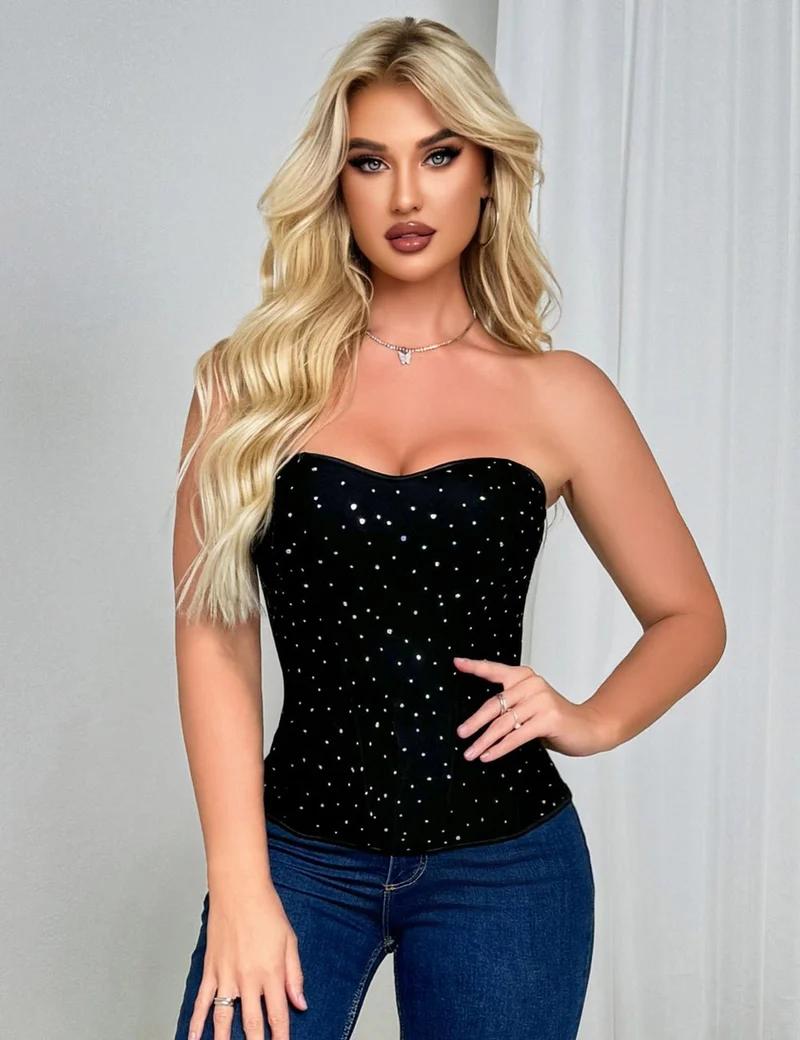 Schwarzes Pailletten-Mesh-Bustier-Korsett – 6 Stahlstäbe & Reißverschluss hinten