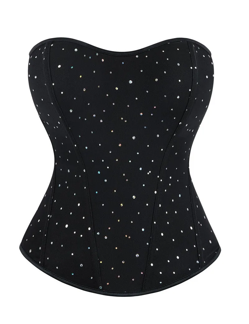 Schwarzes Pailletten-Mesh-Bustier-Korsett – 6 Stahlstäbe & Reißverschluss hinten