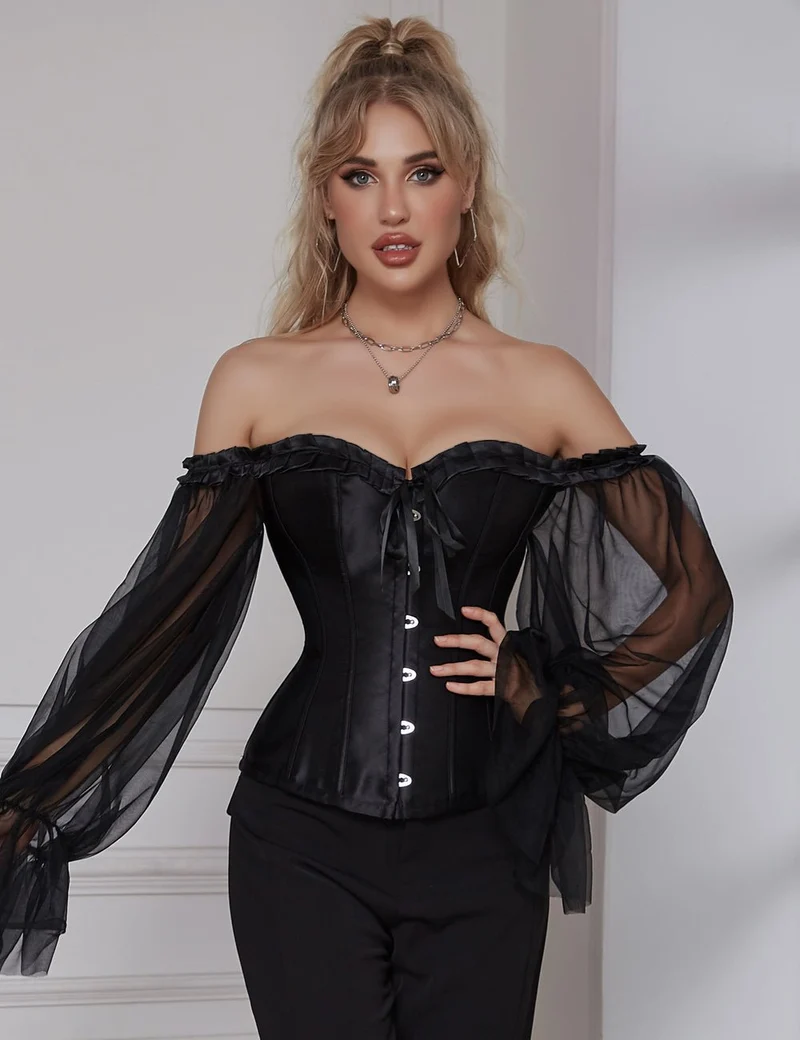 Schwarzes One-Shoulder-Korsett mit Laternenärmel und Stahlstäbchen