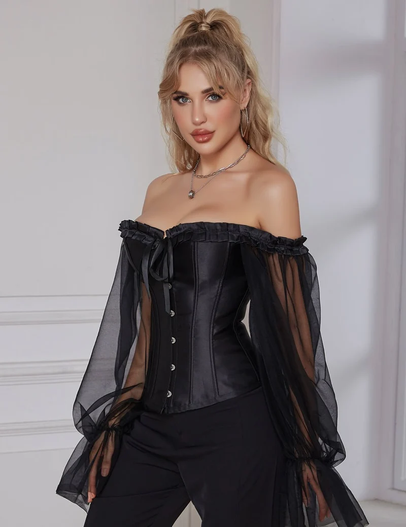 Schwarzes One-Shoulder-Korsett mit Laternenärmel und Stahlstäbchen