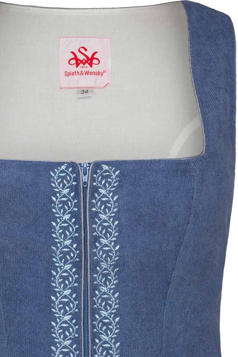 Trachten-Mieder aus Cord mit Blumenstickerei - mittelblau