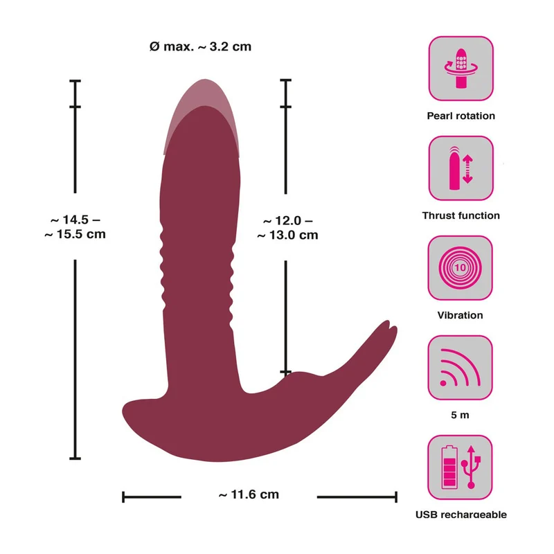 Stoßvibrator kombiniert mit Klitorisvibrator und 5 Meter Fernbedienung