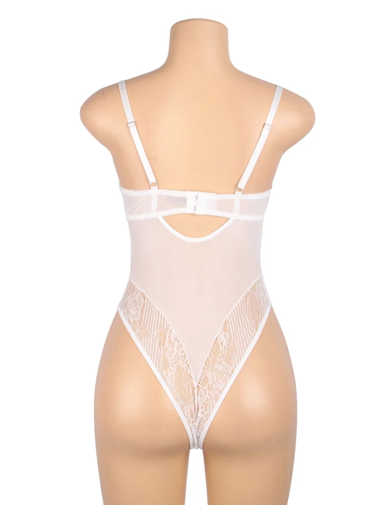 Weißer Spitzen-Mesh-Body – mit Bügeln, Hakenverschluss am Rücken und Cut-Out-Details