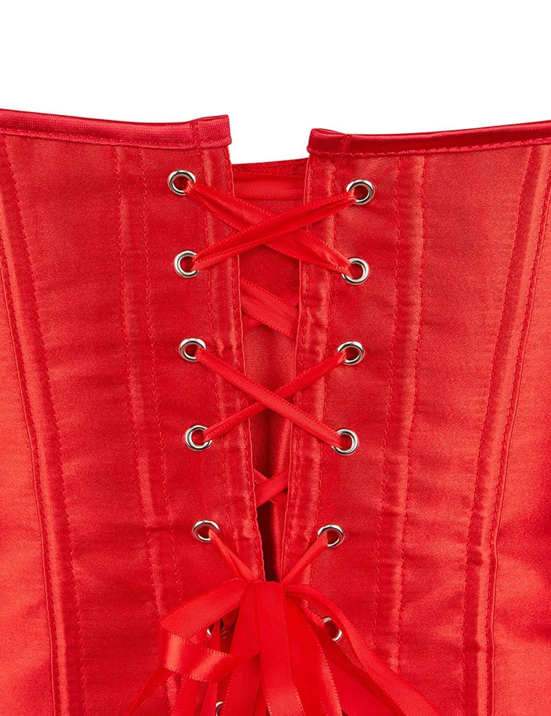 Rotes Satinkorsett mit Netzärmeln im Laternenstil und Stahlschnalle