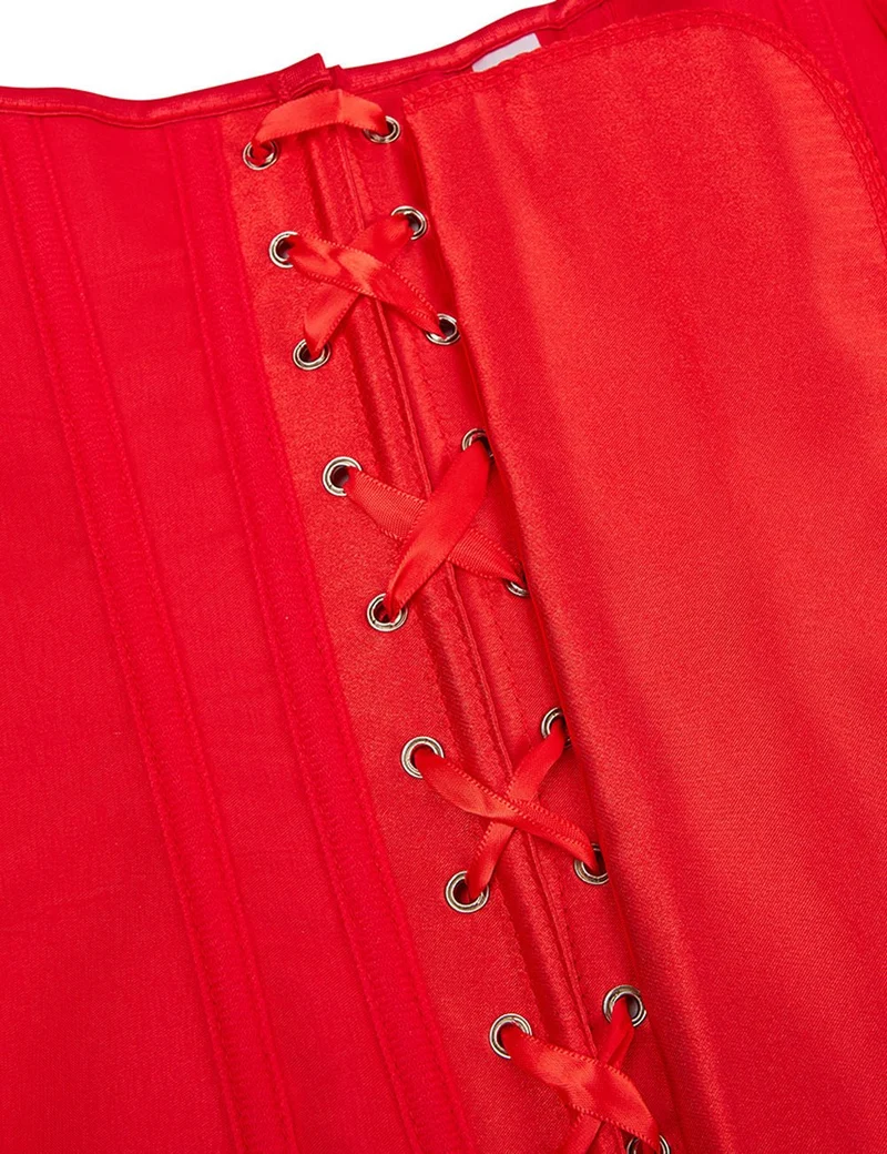 Rotes Satinkorsett mit Netzärmeln im Laternenstil und Stahlschnalle