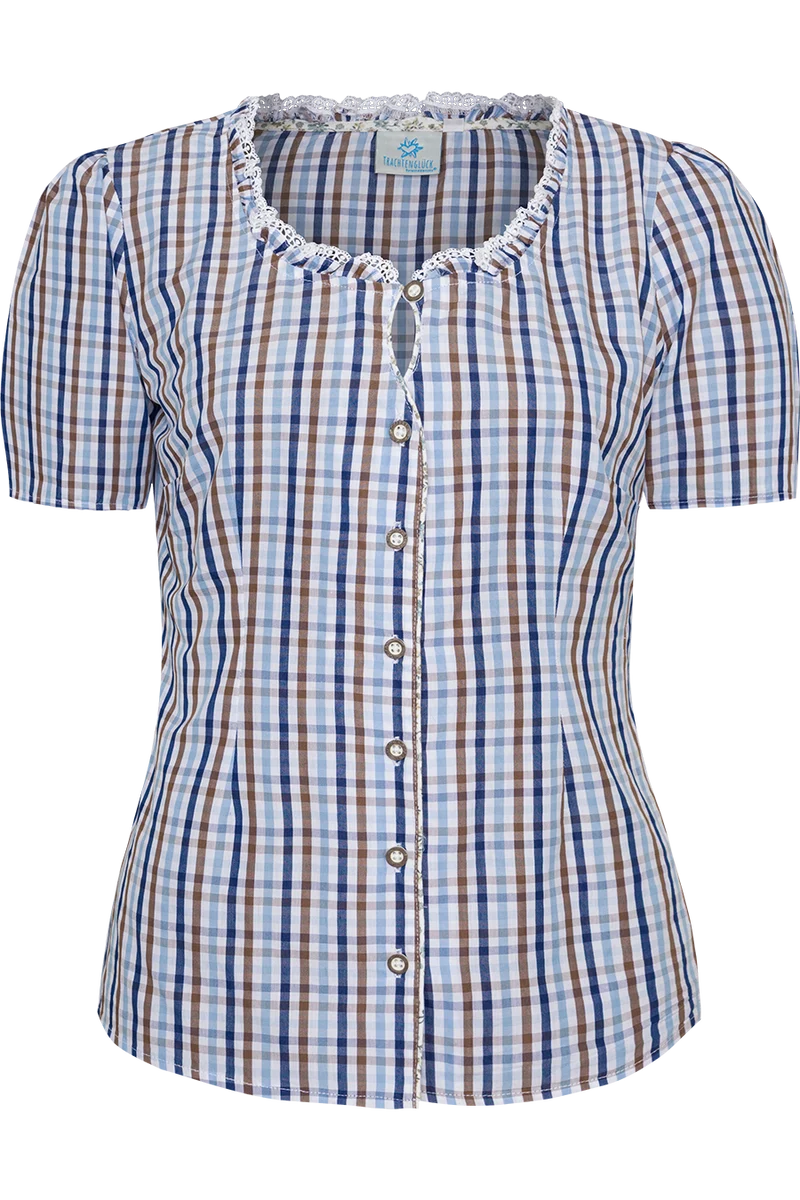 Karierte-Miederbluse mit Rüschenausschnitt - blau