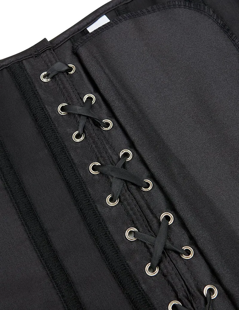 Schwarzes Satinkorsett mit Netzärmeln im Laternenstil und Stahlschnalle
