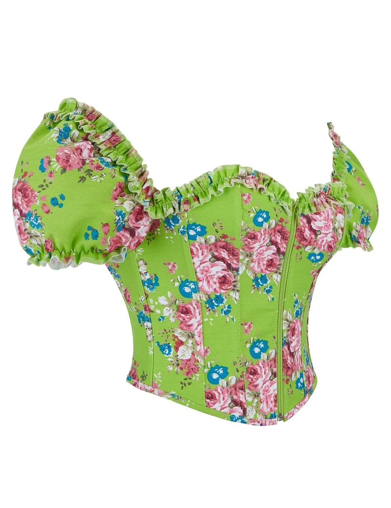 Grünes bedrucktes Korsett mit Puffärmeln und herzförmigem Bustier