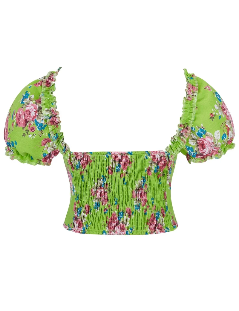 Grünes bedrucktes Korsett mit Puffärmeln und herzförmigem Bustier