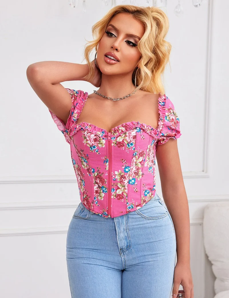 Rosa bedrucktes Korsett mit Puffärmeln und Herzbustier