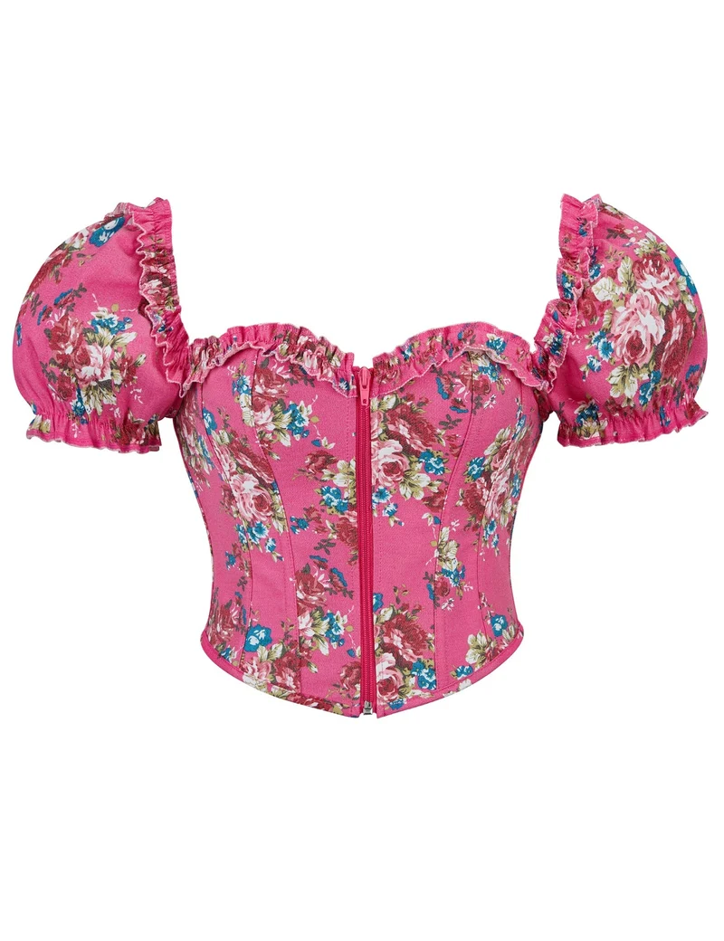 Rosa bedrucktes Korsett mit Puffärmeln und Herzbustier