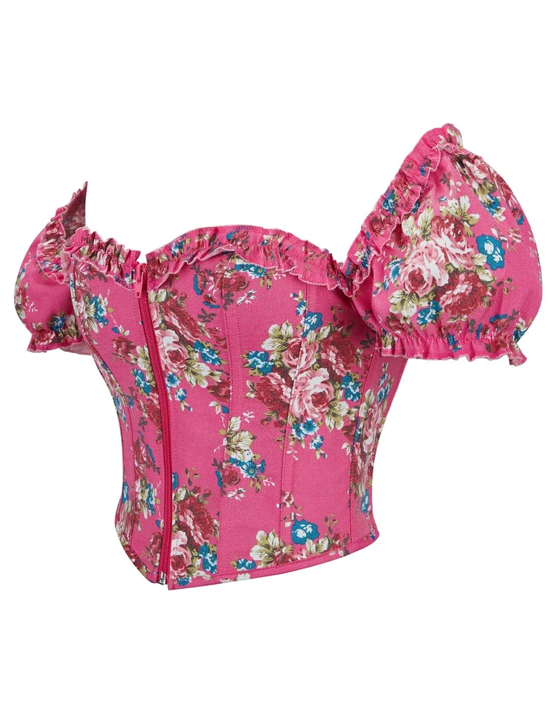 Rosa bedrucktes Korsett mit Puffärmeln und Herzbustier