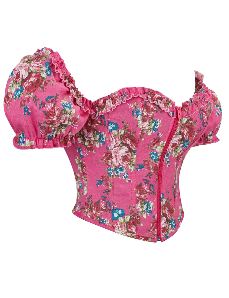 Rosa bedrucktes Korsett mit Puffärmeln und Herzbustier