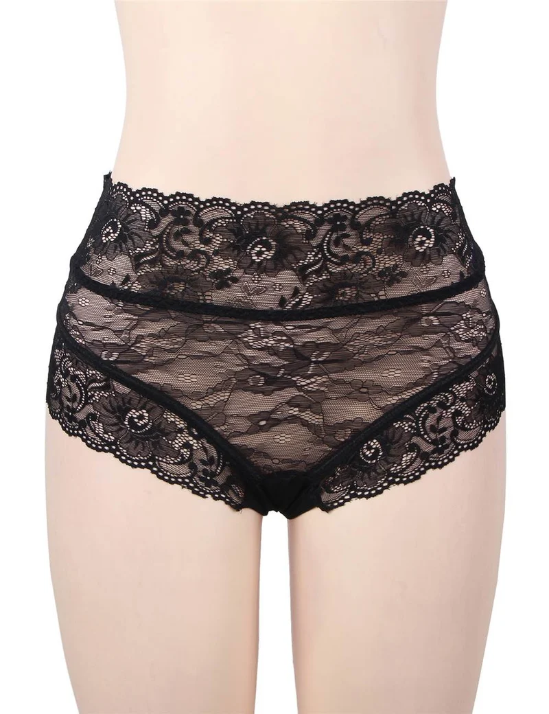 Schwarzer, hochgeschnittener 3D-Spitzenpanty – mit hohlem Rückenausschnitt und gekreuzten Trägern