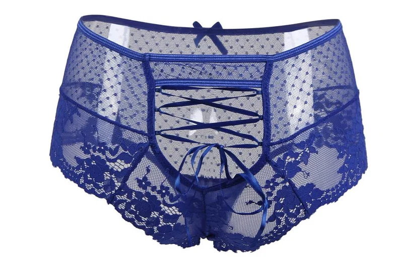 Blauer, hochgeschnittener Spitzenslip – verstellbare Träger und Baumwollzwickel